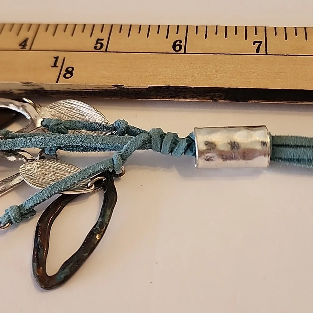 Teal Leather Cord Necklace Silver & Copper Colored Leaf Pendants Lobster Clasp